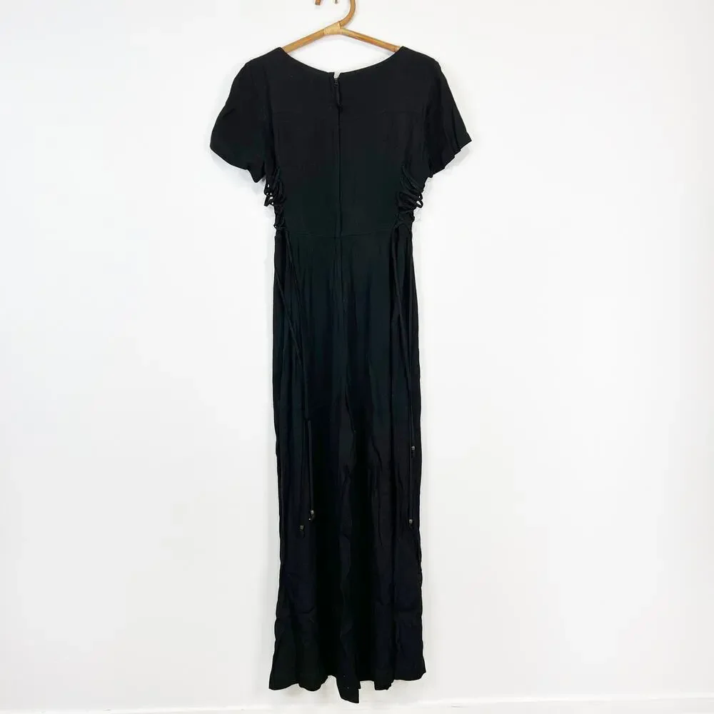 Maeve wide leg black jumpsuit lace up sides button front size 8 - Picture 5 of 10